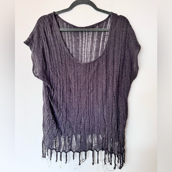 Free People Fringe tassel Hem Grey Sheer Short Sleeve Top - Picture 1 of 5